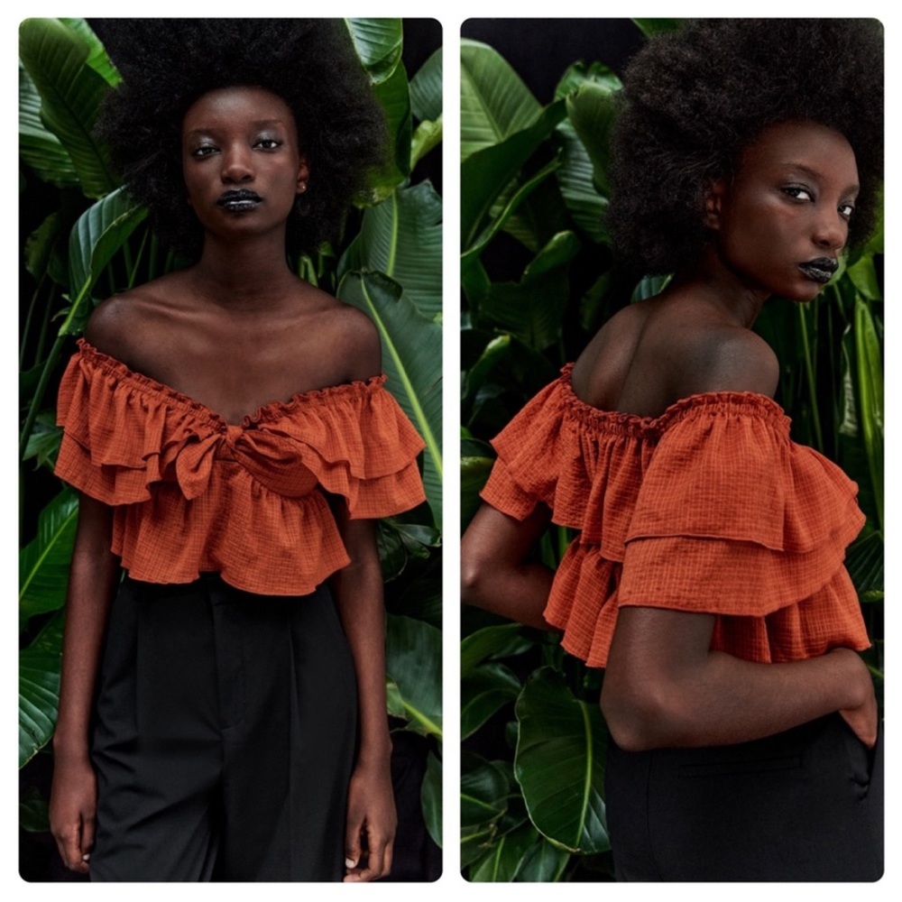 ZARA RUFFLED ON OR OF THE SHOULDER CROPPED Blouse Top BURNT ORANGE COLOR SZ  L